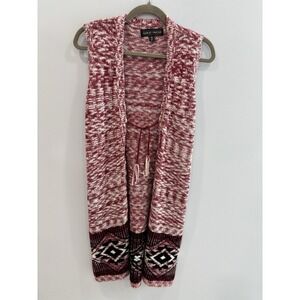Almost Famous Boho Knit Duster Vest Cardigan S Red Aztec Open Front Cozy Western
